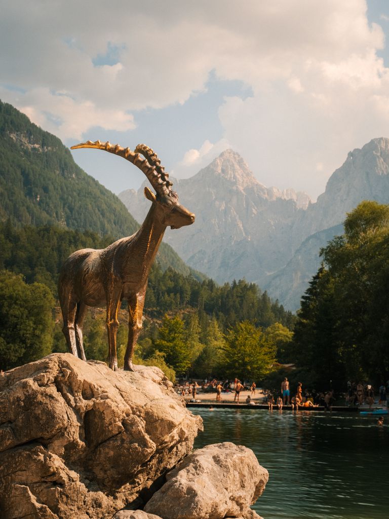 Statue of a mountain goat by a lake with mountain scenery, attracting tourists.